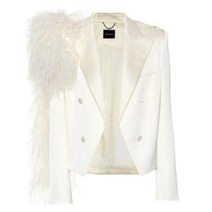 Magda Butrym Lubec Blazer in Cream Ostrich Feathers Free Ivory Silk Face Mask